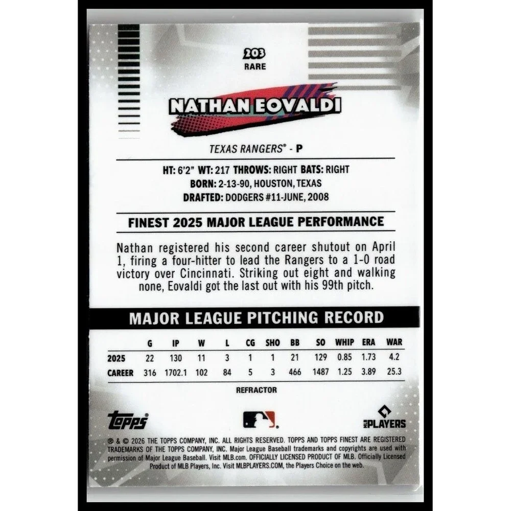 2026 Topps Finest Baseball #203 Nathan Eovaldi, Texas Rangers purple